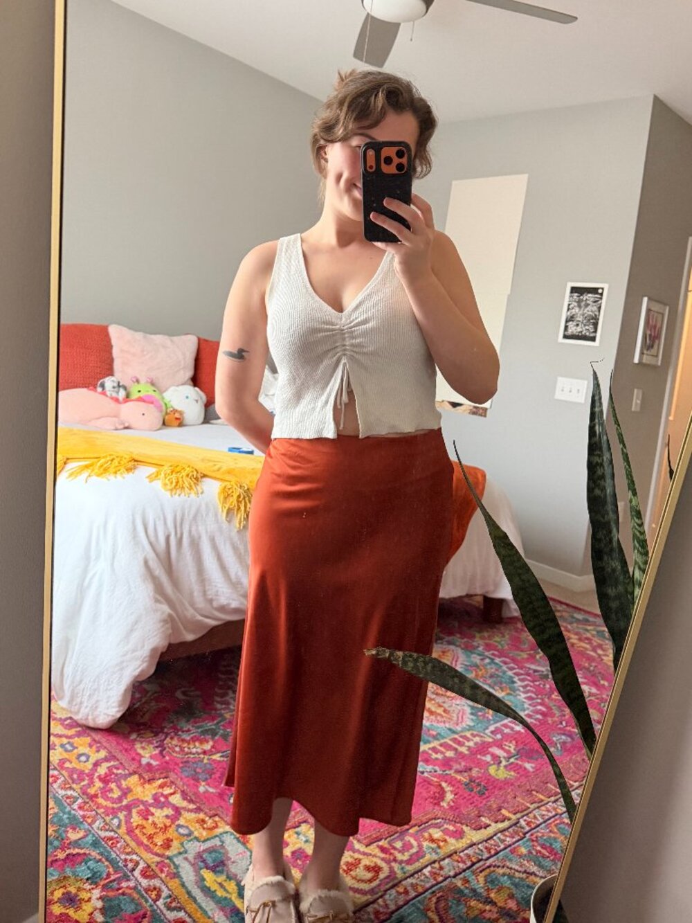 Burnt Orange Satin Midi Skirt Size 8 - Picture 3 of 7